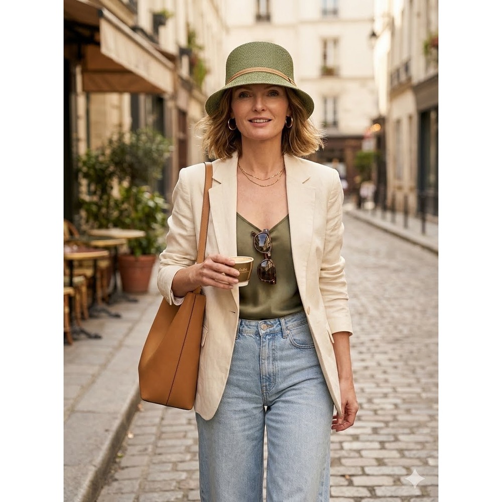 Jennifer Ouellette Olive Green Woven Straw  Hat Quiet Luxury Chic